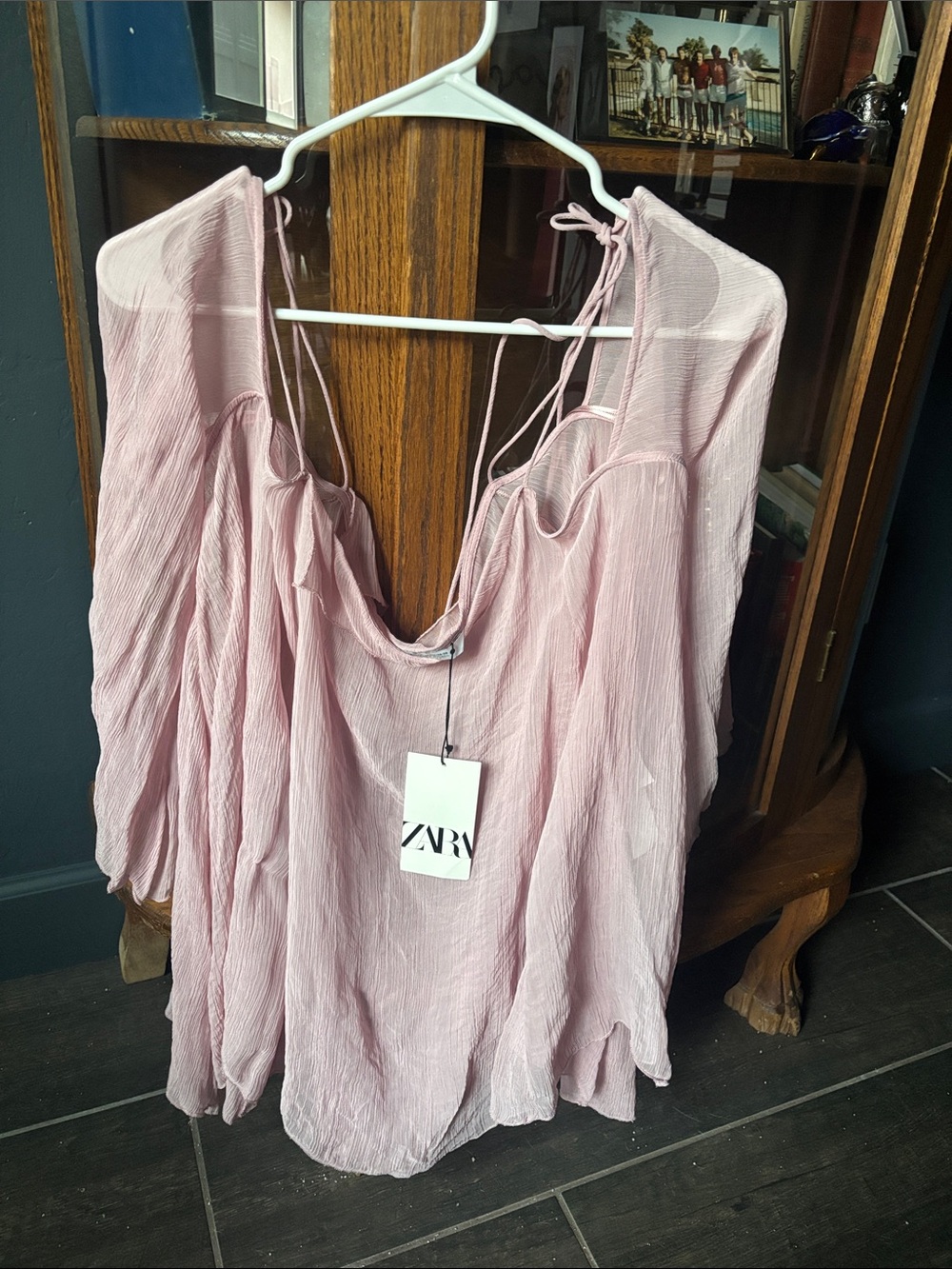 Zara Light Pink Crinkle Tie-Shoulder Blouse